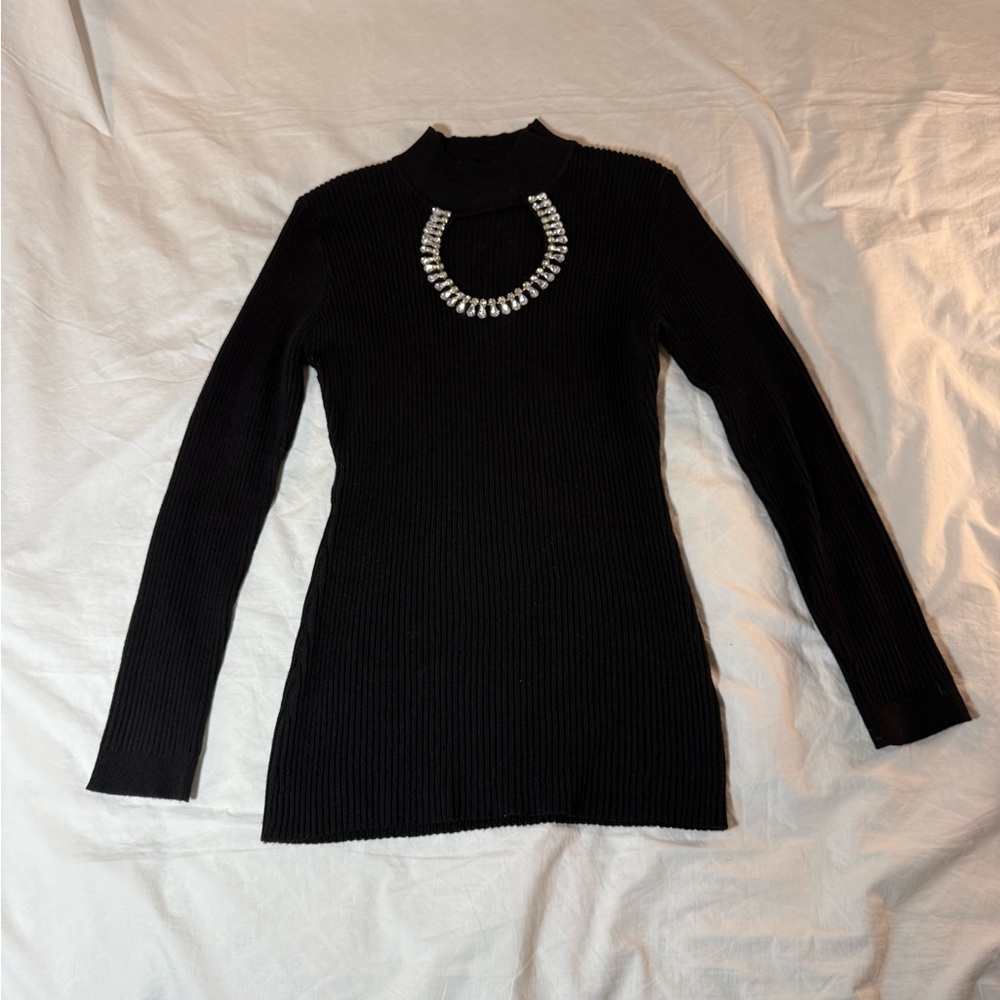 Black Ribbed Long Sweater with Rhinestone Embellishment - Picture 4 of 10